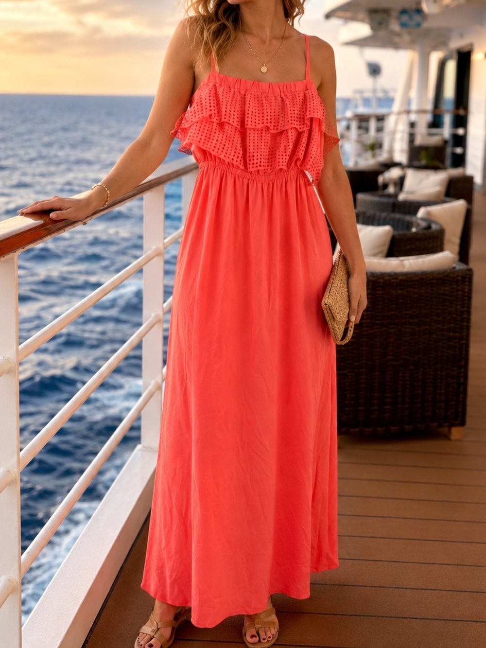 Susana Monaco NWT Coral Eyelet Ruffle Maxi Dress Size 6 Resort Vacation